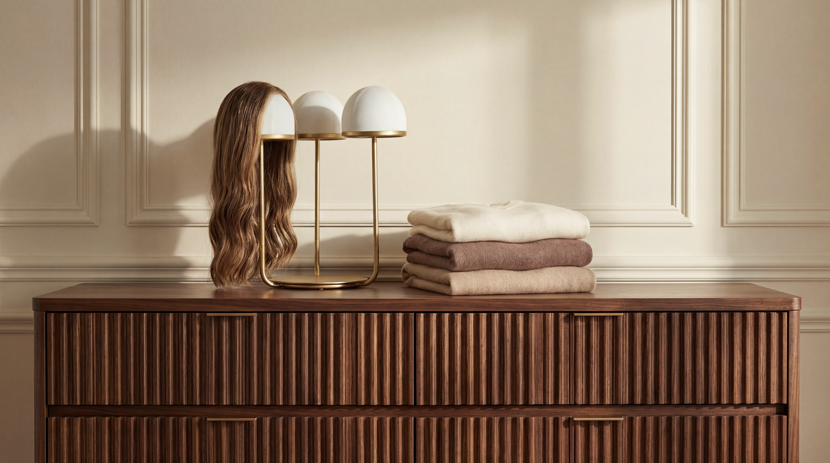 Three sheitels on a gold Perch three-head wig stand on a walnut dresser