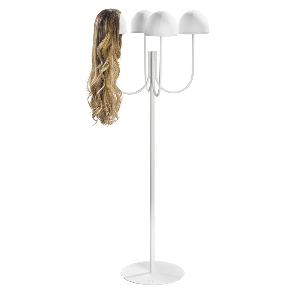Four-head floor wig stand in white with a long wig on one head