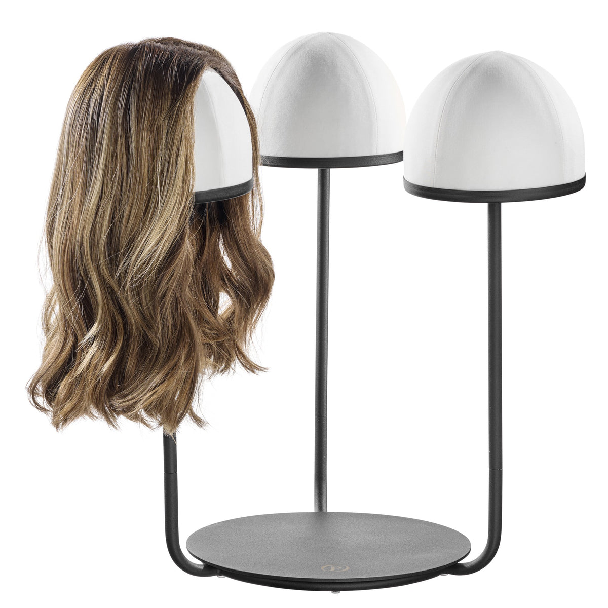 Three-head tabletop wig stand in black with a shoulder-length wig on one head