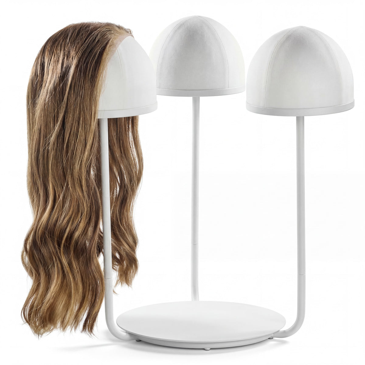 Three-head tabletop wig stand in white with a long wig on one head